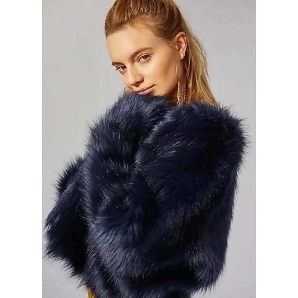 Free People Frankie Navy Blue Faux Fur Shaggy Jacket XS OB685161